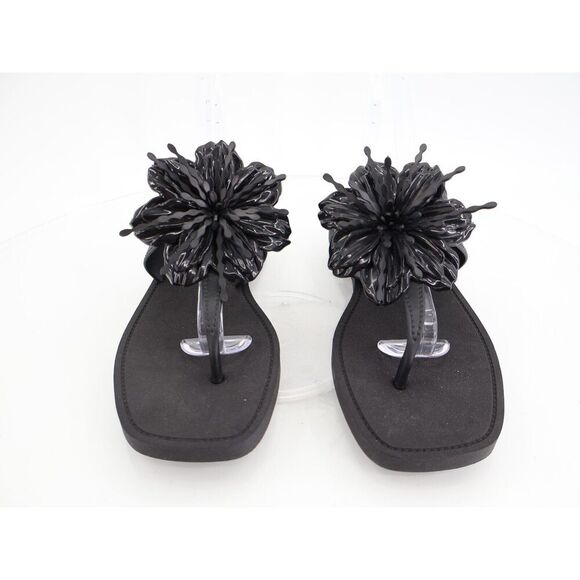 Larroude Hibiscus Sandals Slide Thong Size 6/7 Black Slip On Rubber Beach - Picture 4 of 10